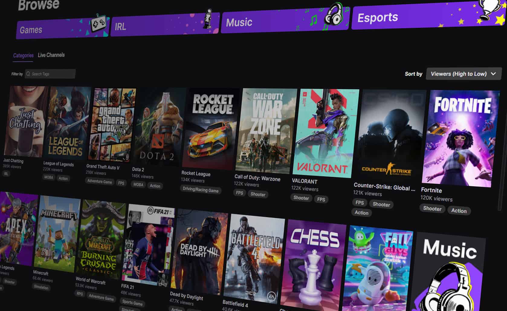 Twitch categories browsing sorted from high to low